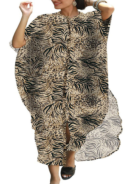 Chiffon Leopard Turkish Kaftan Pockets Swimwear Bikini Cover Up Maxi Dress