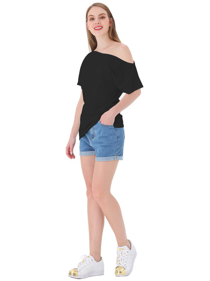 Women's Solid Cotton Stretchy Sexy Off Shoulder Casual T-Shirt Blouse