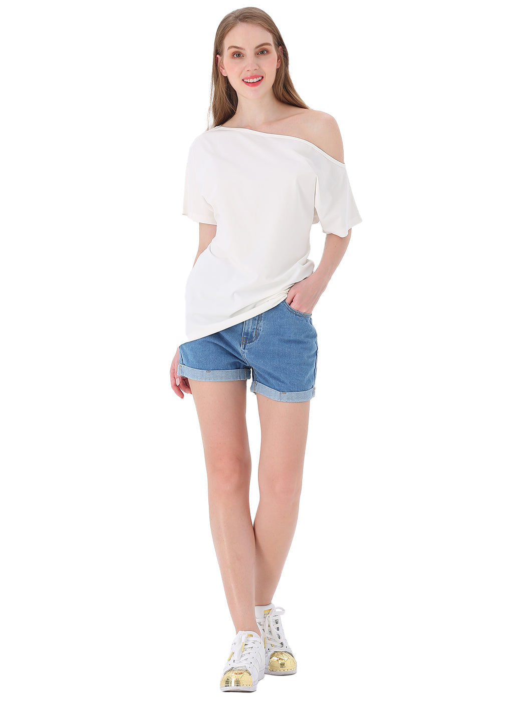 Women's Solid Cotton Stretchy Sexy Off Shoulder Casual T-Shirt Blouse