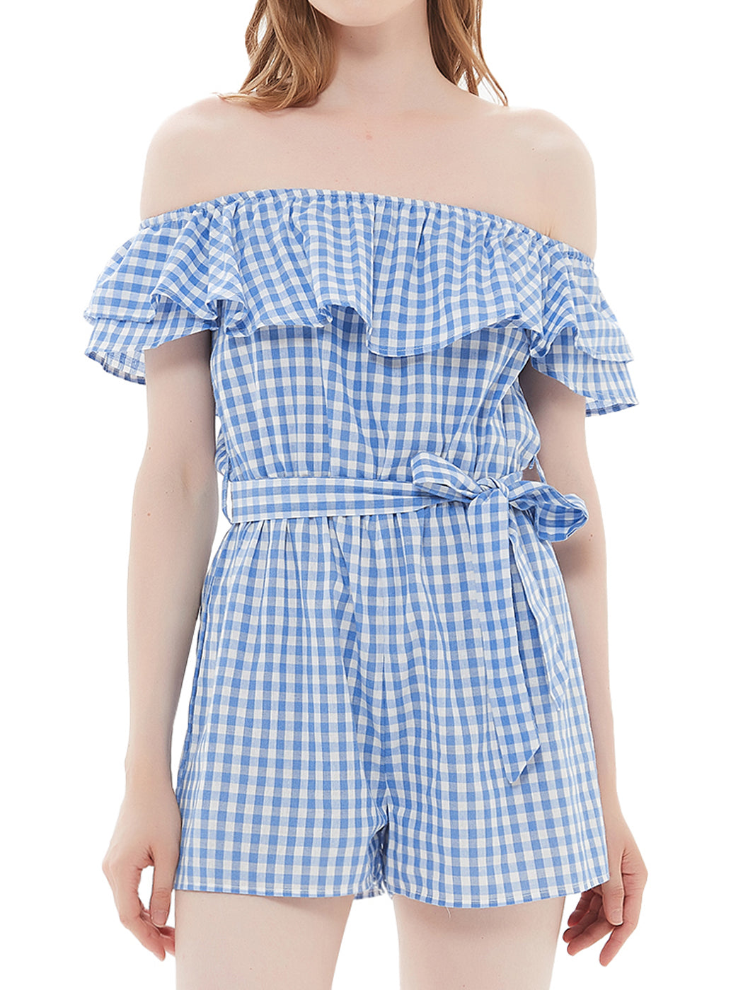 Anna Kaci Women s Off Shoulder Ruffle Hem Drawstring Waist Plaid Jumpsuit