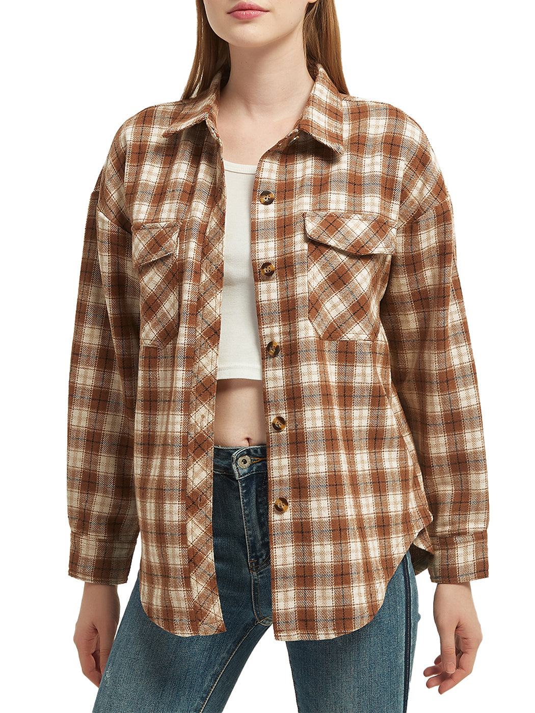 Anna-Kaci Women's Plaid Shacket Jacket Long Sleeve Button Down Fall Shirts Coat