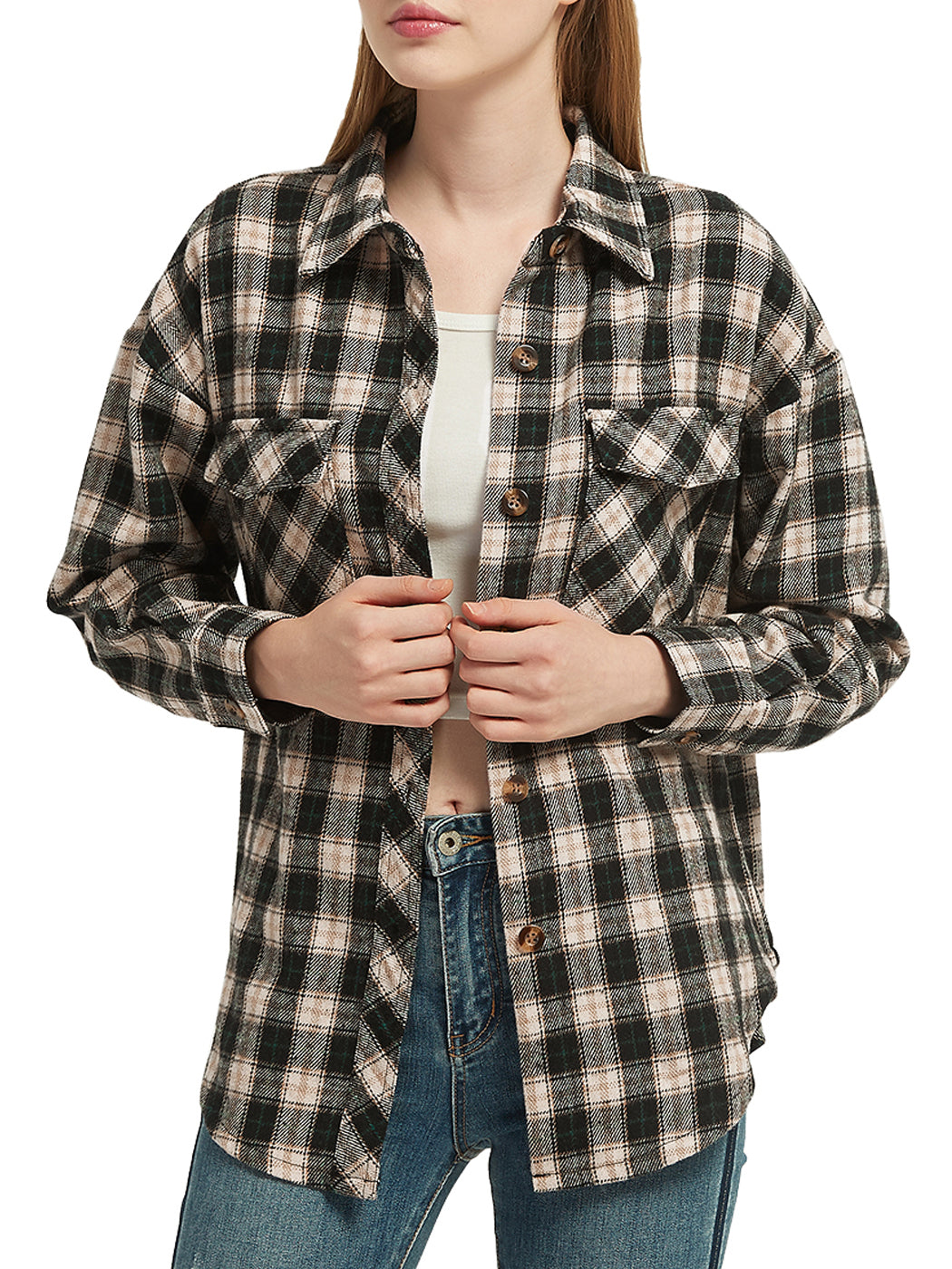 Anna-Kaci Women's Plaid Shacket Jacket Long Sleeve Button Down Fall Shirts Coat