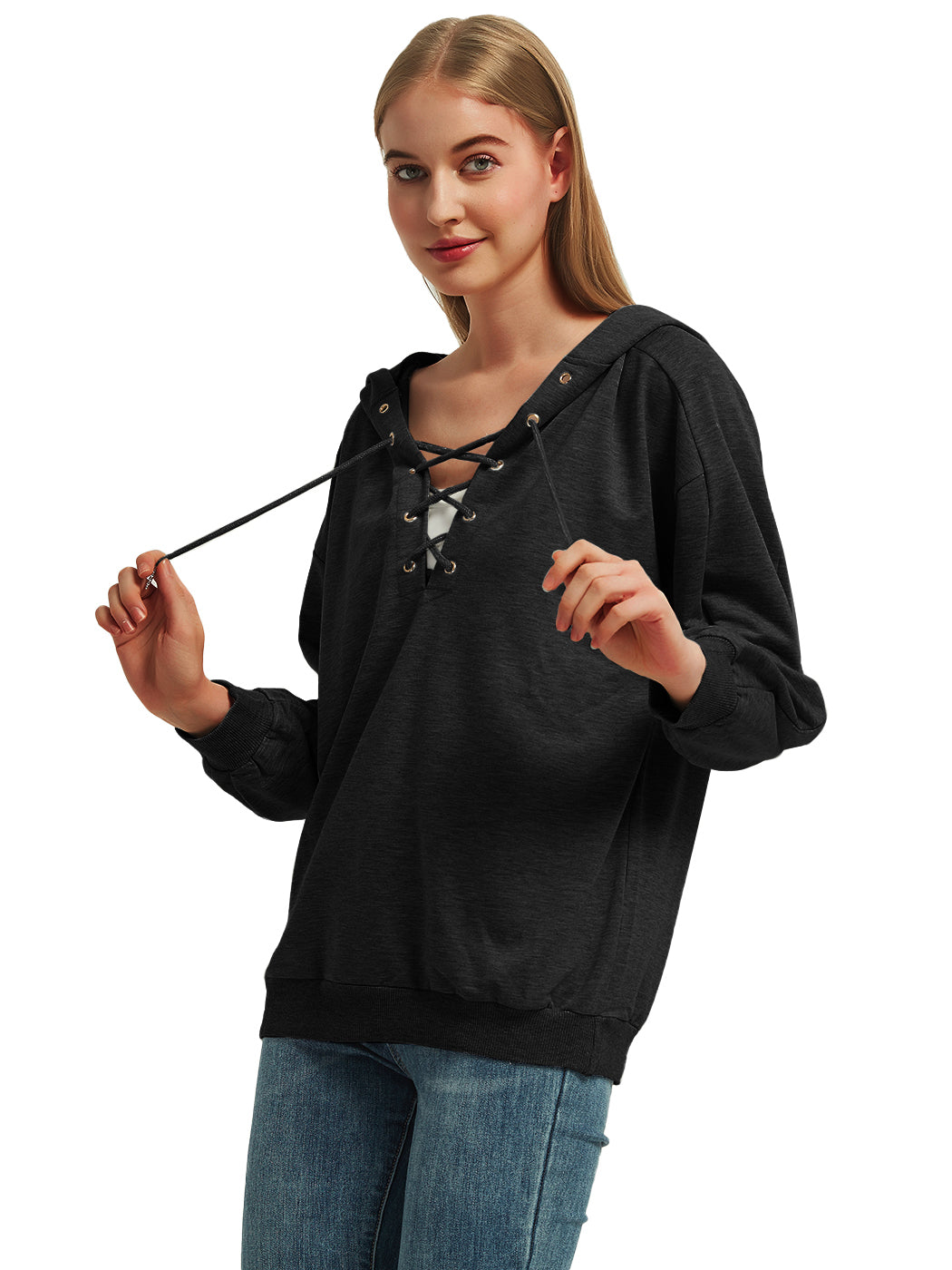 Anna-Kaci Women's Lace Up Criss Cross V Neck Hoodies Long Sleeve Top