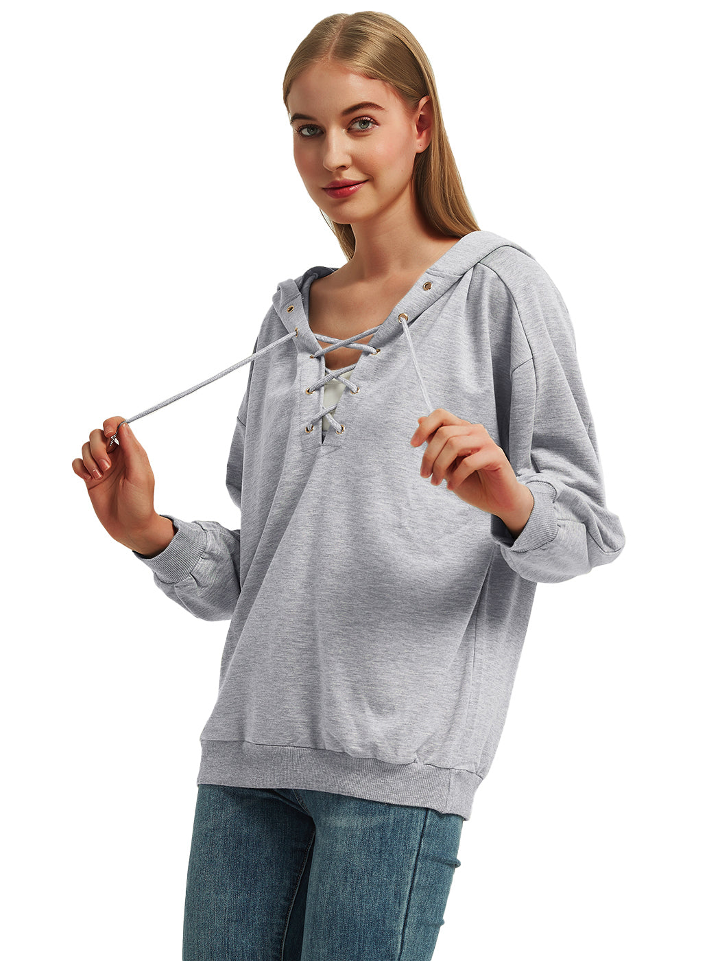 Anna-Kaci Women's Lace Up Criss Cross V Neck Hoodies Long Sleeve Top