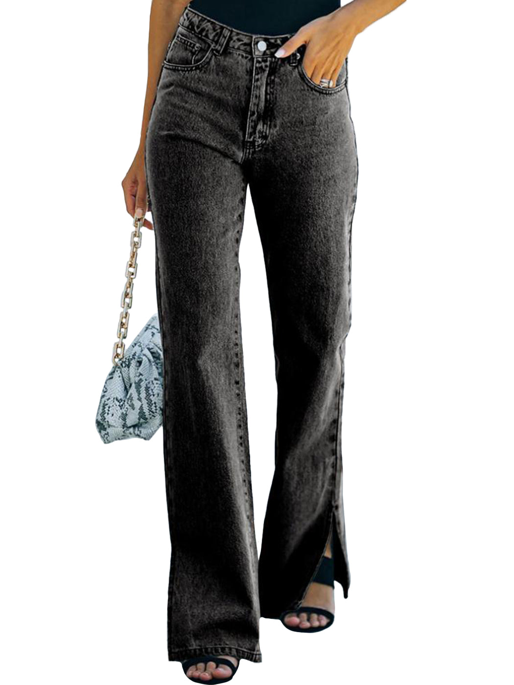 Anna-Kaci Women's Fashion High Waist Split Jeans Wide Leg Denim Pants with Pockets