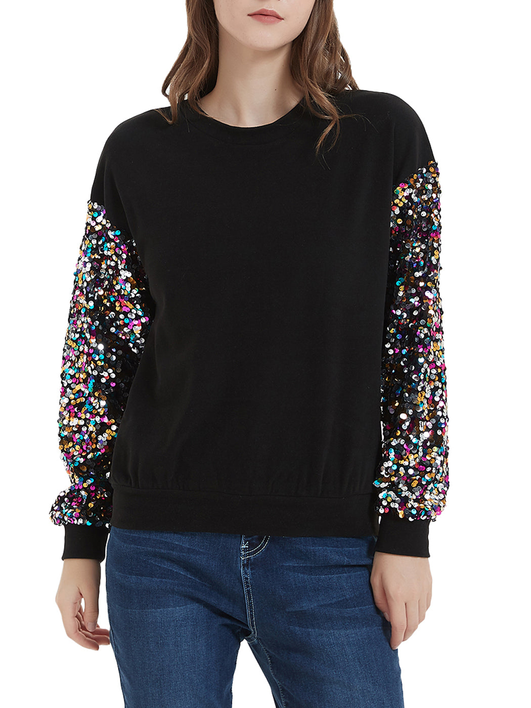 Anna-Kaci Women's Sparkle Sequin Tops Sweatshirt Long Lantern Sleeve P