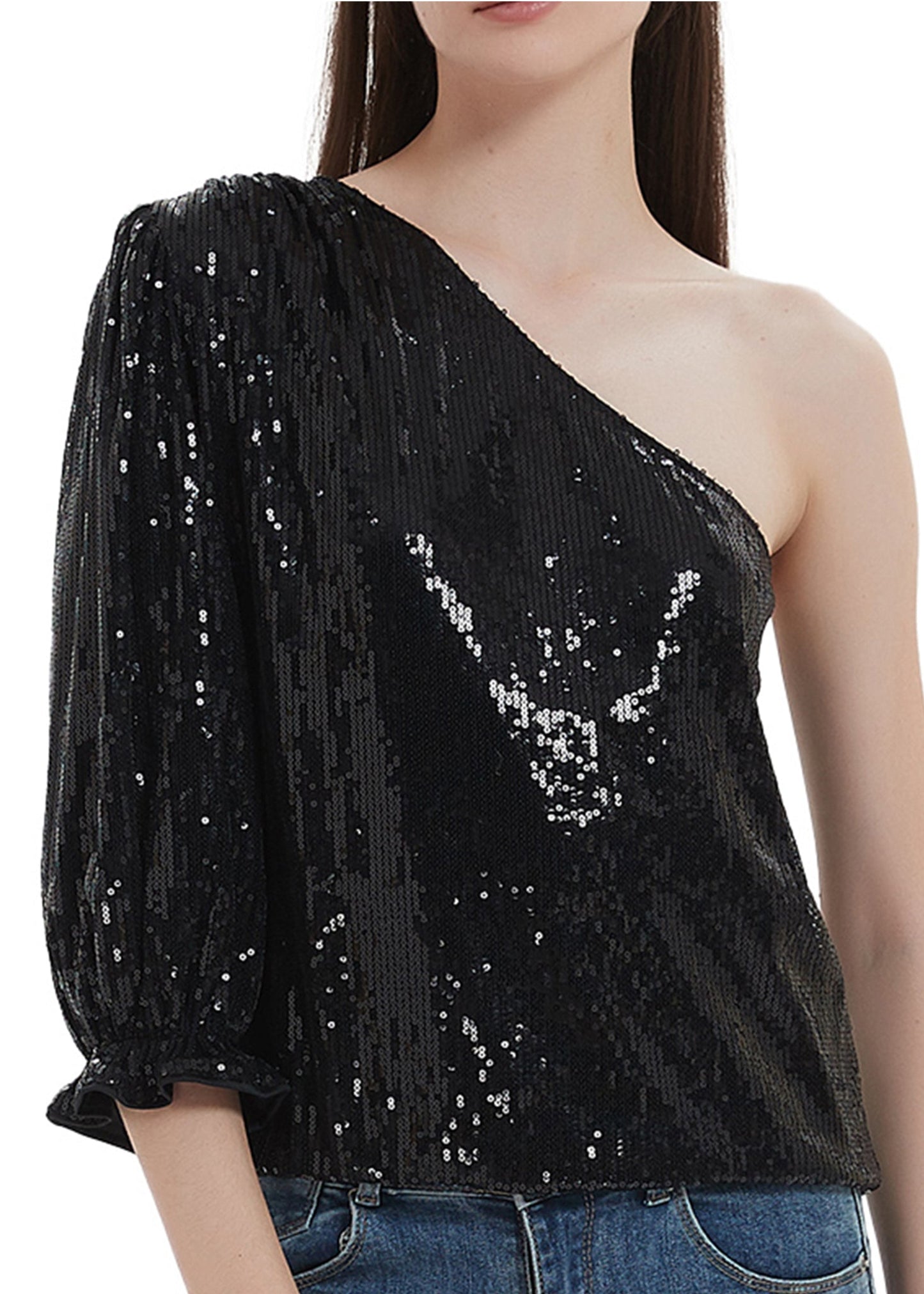 Anna-Kaci Summer Sparkle Sequins One Shoulder Top Blouse Cocktail Casual Glitter Sequined T-Shirt Tops