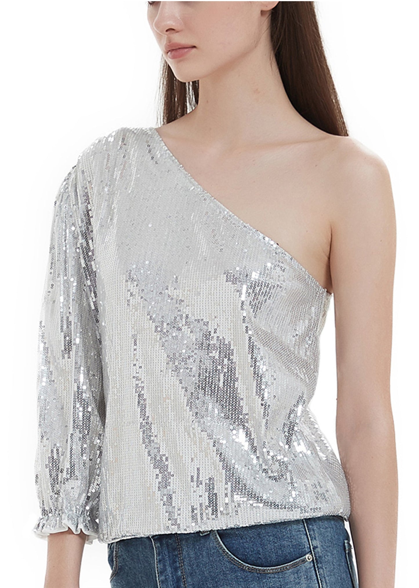 Anna-Kaci Summer Sparkle Sequins One Shoulder Top Blouse Cocktail Casual Glitter Sequined T-Shirt Tops