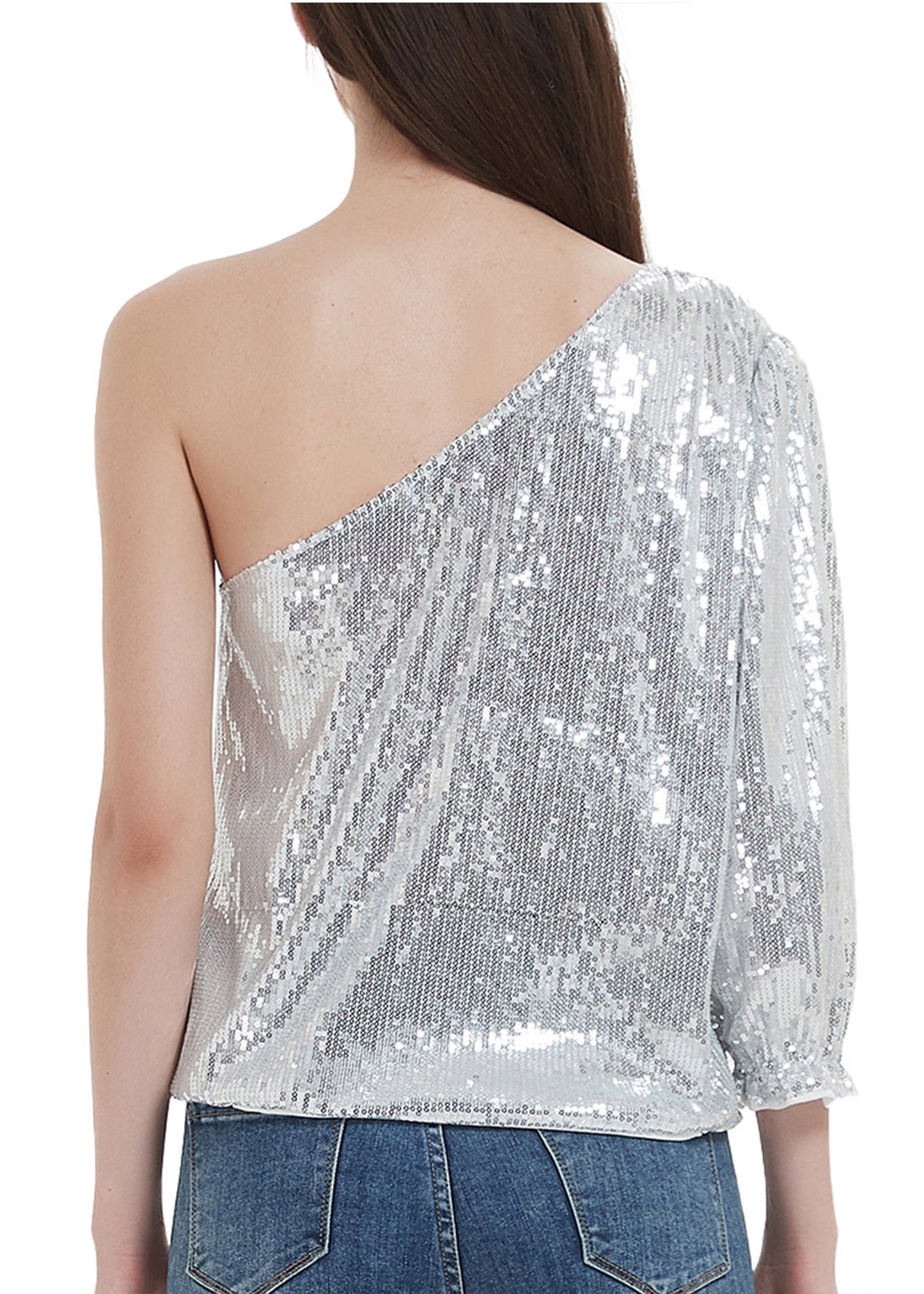 Anna-Kaci Summer Sparkle Sequins One Shoulder Top Blouse Cocktail Casual Glitter Sequined T-Shirt Tops