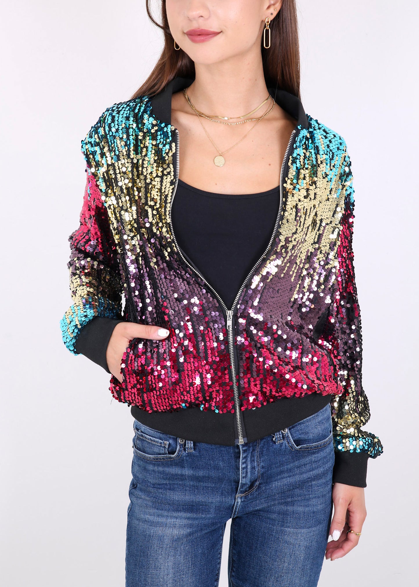 Sequin Jacket Sparkle Long Sleeve Front Zip Blazer Bomber Jacket with Pockets