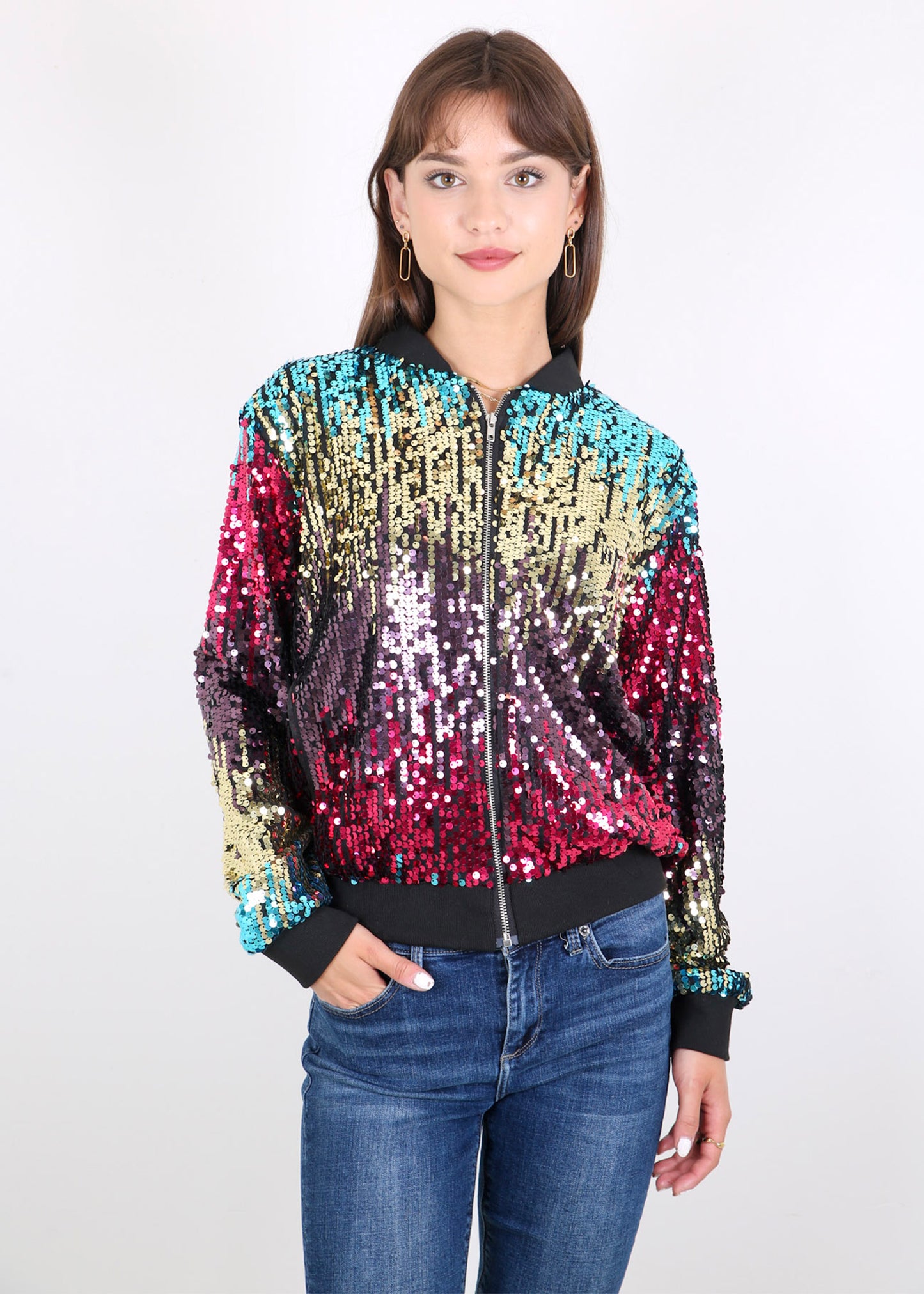 Sequin Jacket Sparkle Long Sleeve Front Zip Blazer Bomber Jacket with Pockets