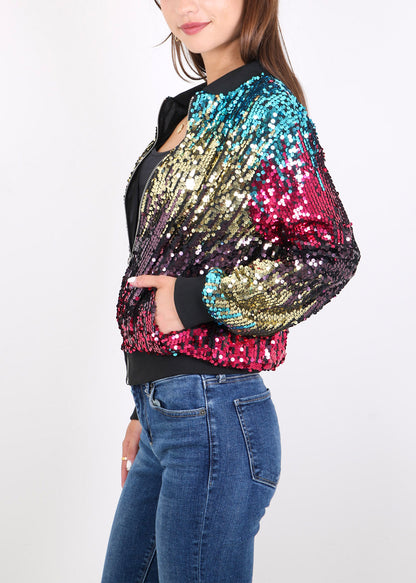 Sequin Jacket Sparkle Long Sleeve Front Zip Blazer Bomber Jacket with Pockets