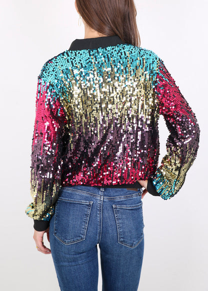 Sequin Jacket Sparkle Long Sleeve Front Zip Blazer Bomber Jacket with Pockets