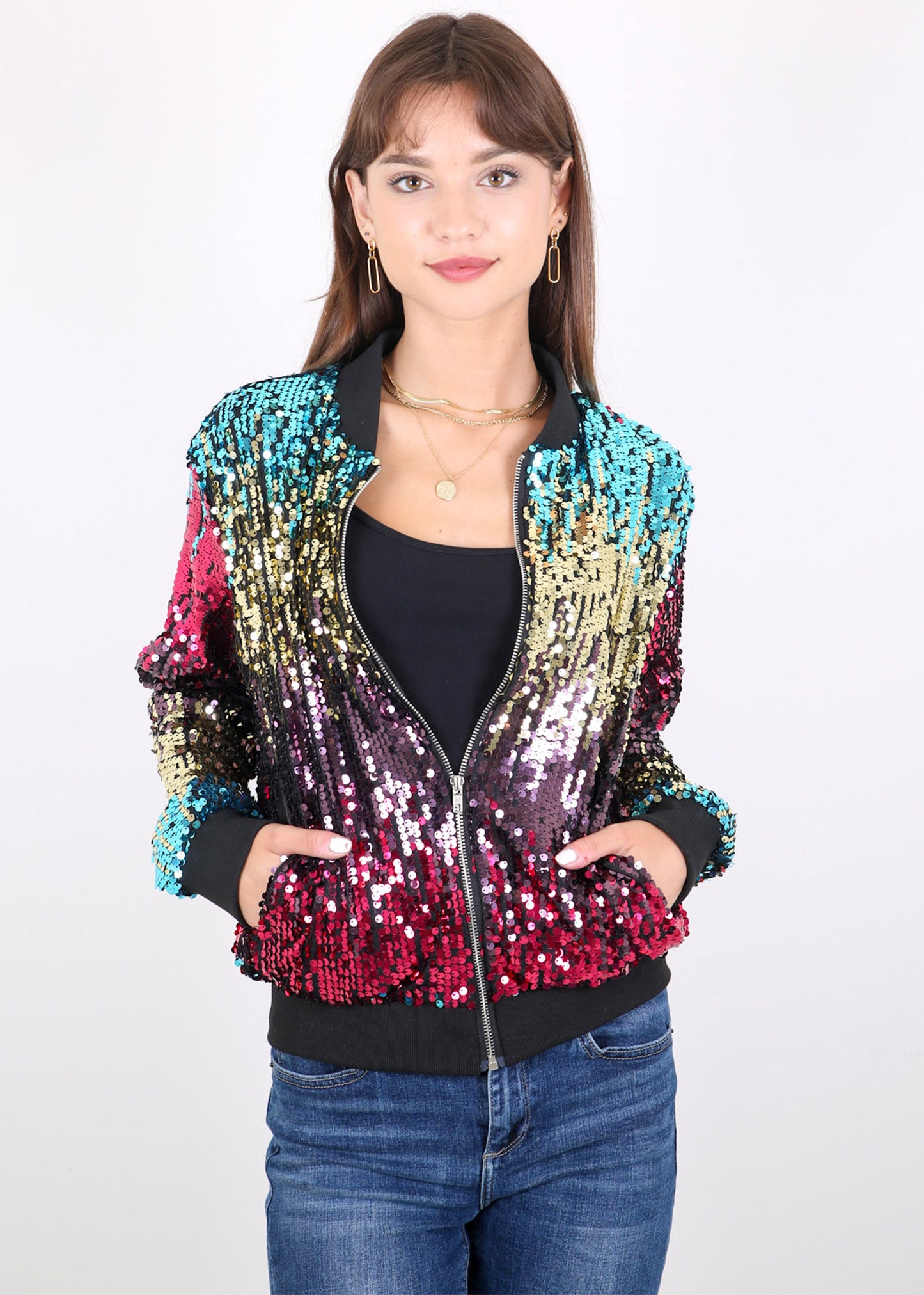 Sequin Jacket Sparkle Long Sleeve Front Zip Blazer Bomber Jacket with Pockets