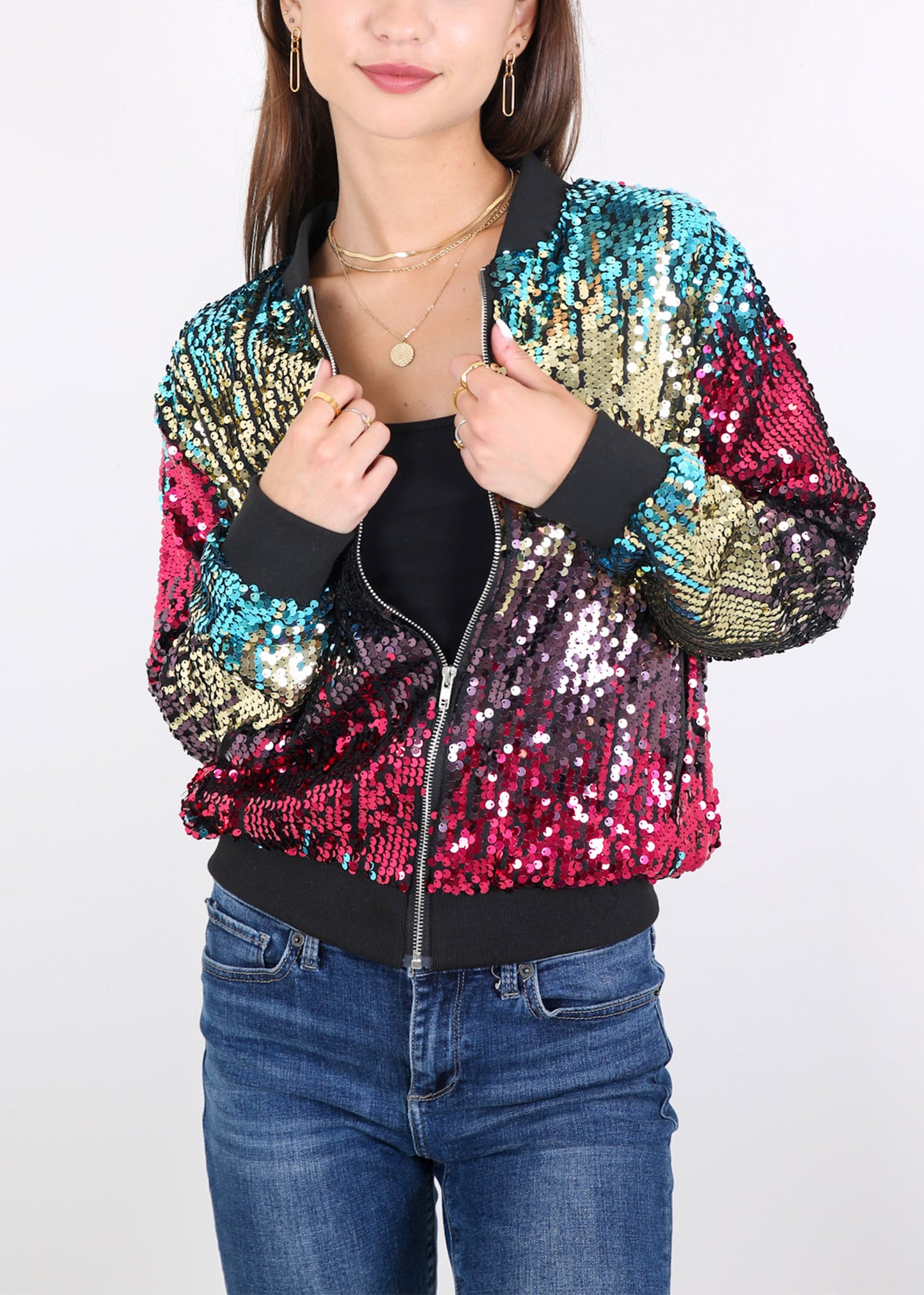 Sequin Jacket Sparkle Long Sleeve Front Zip Blazer Bomber Jacket with Pockets