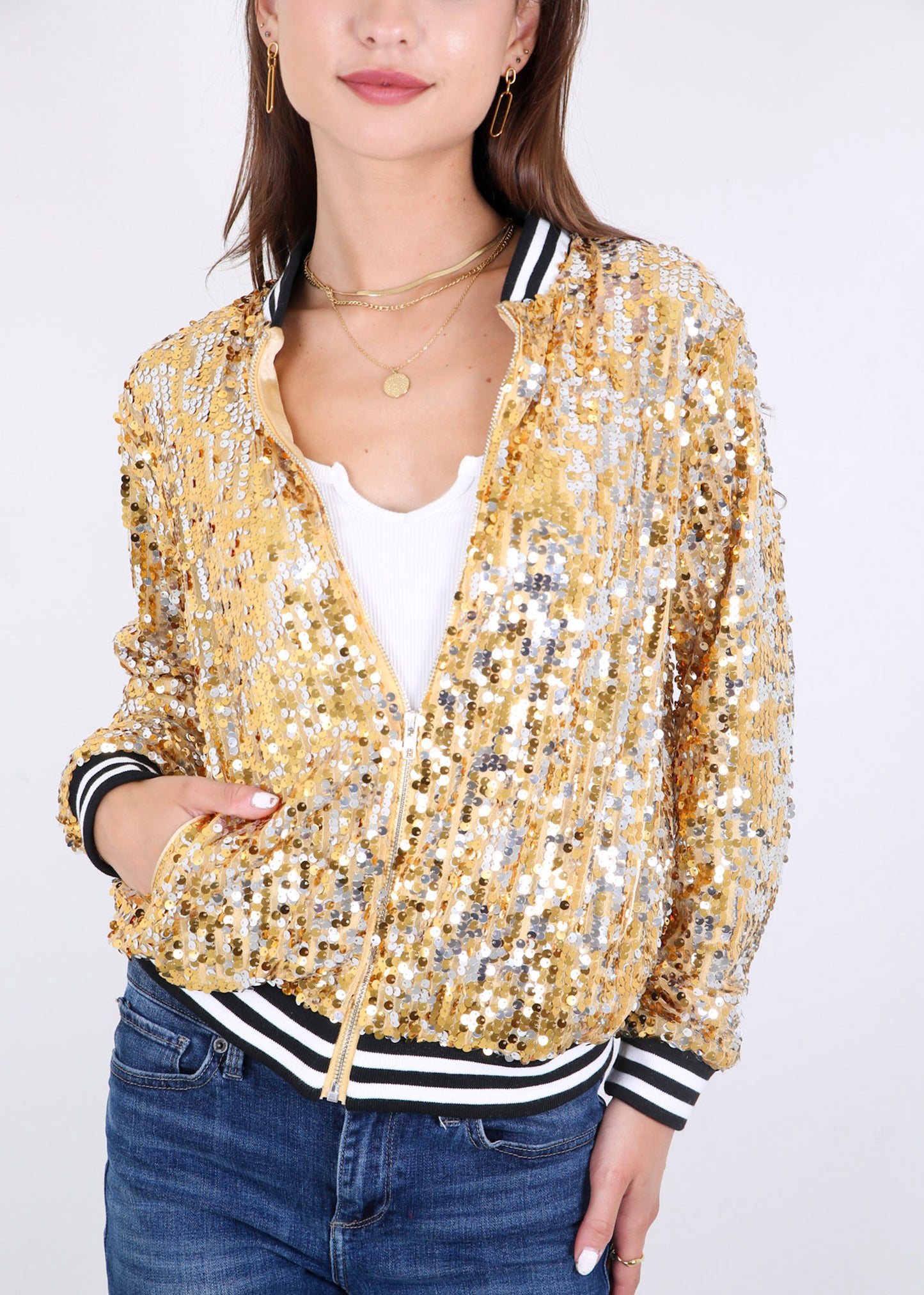 Sequin Jacket Sparkle Long Sleeve Front Zip Blazer Bomber Jacket with Pockets