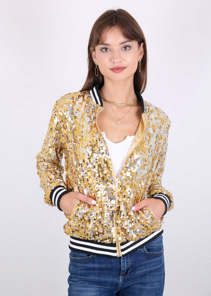 Sequin Jacket Sparkle Long Sleeve Front Zip Blazer Bomber Jacket with Pockets