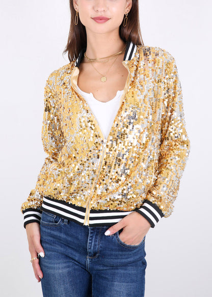 Sequin Jacket Sparkle Long Sleeve Front Zip Blazer Bomber Jacket with Pockets