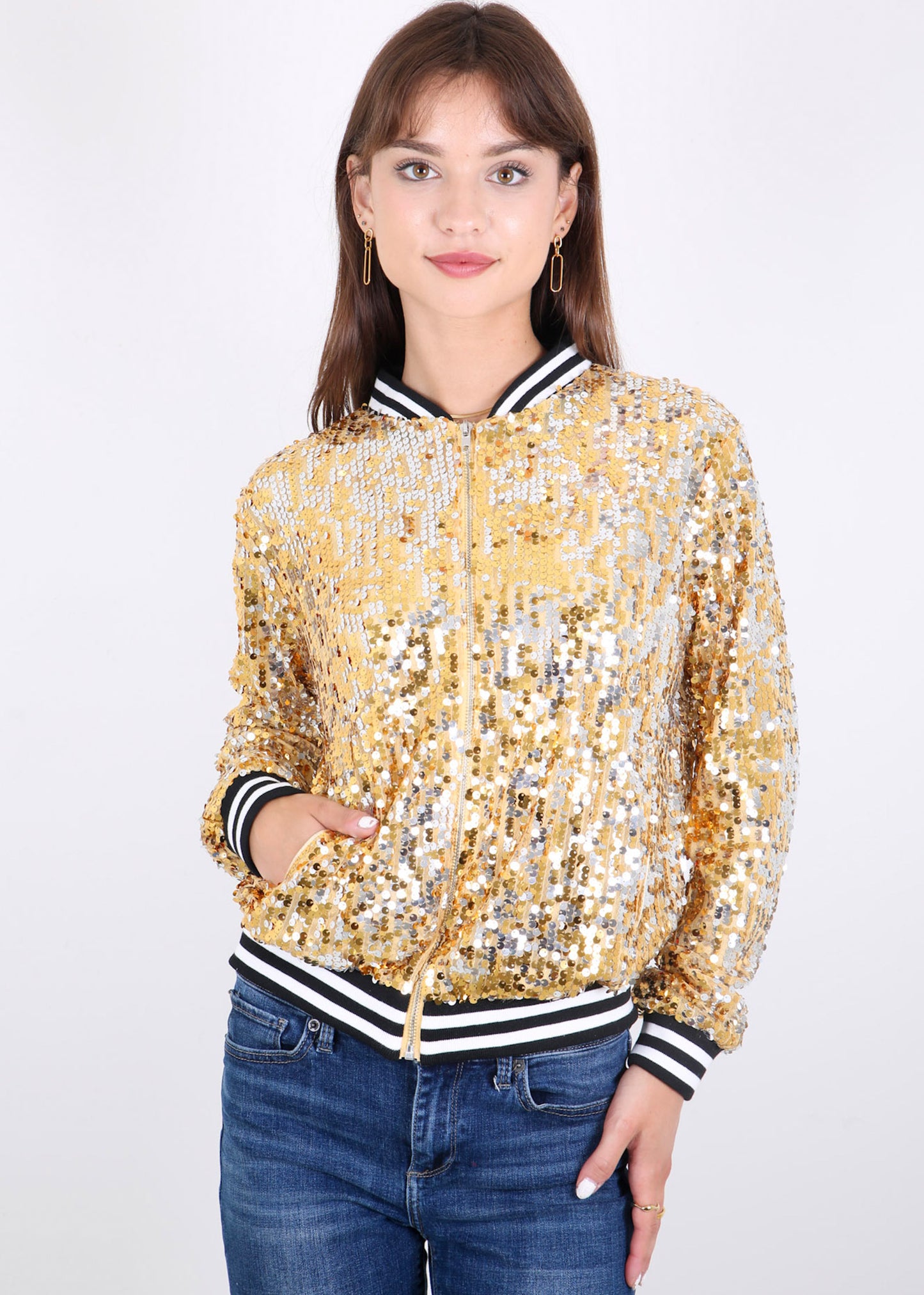 Sequin Jacket Sparkle Long Sleeve Front Zip Blazer Bomber Jacket with Pockets