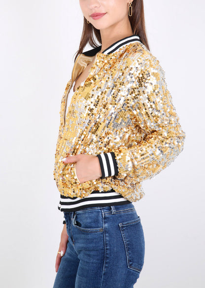 Sequin Jacket Sparkle Long Sleeve Front Zip Blazer Bomber Jacket with Pockets