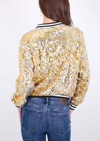 Sequin Jacket Sparkle Long Sleeve Front Zip Blazer Bomber Jacket with Pockets