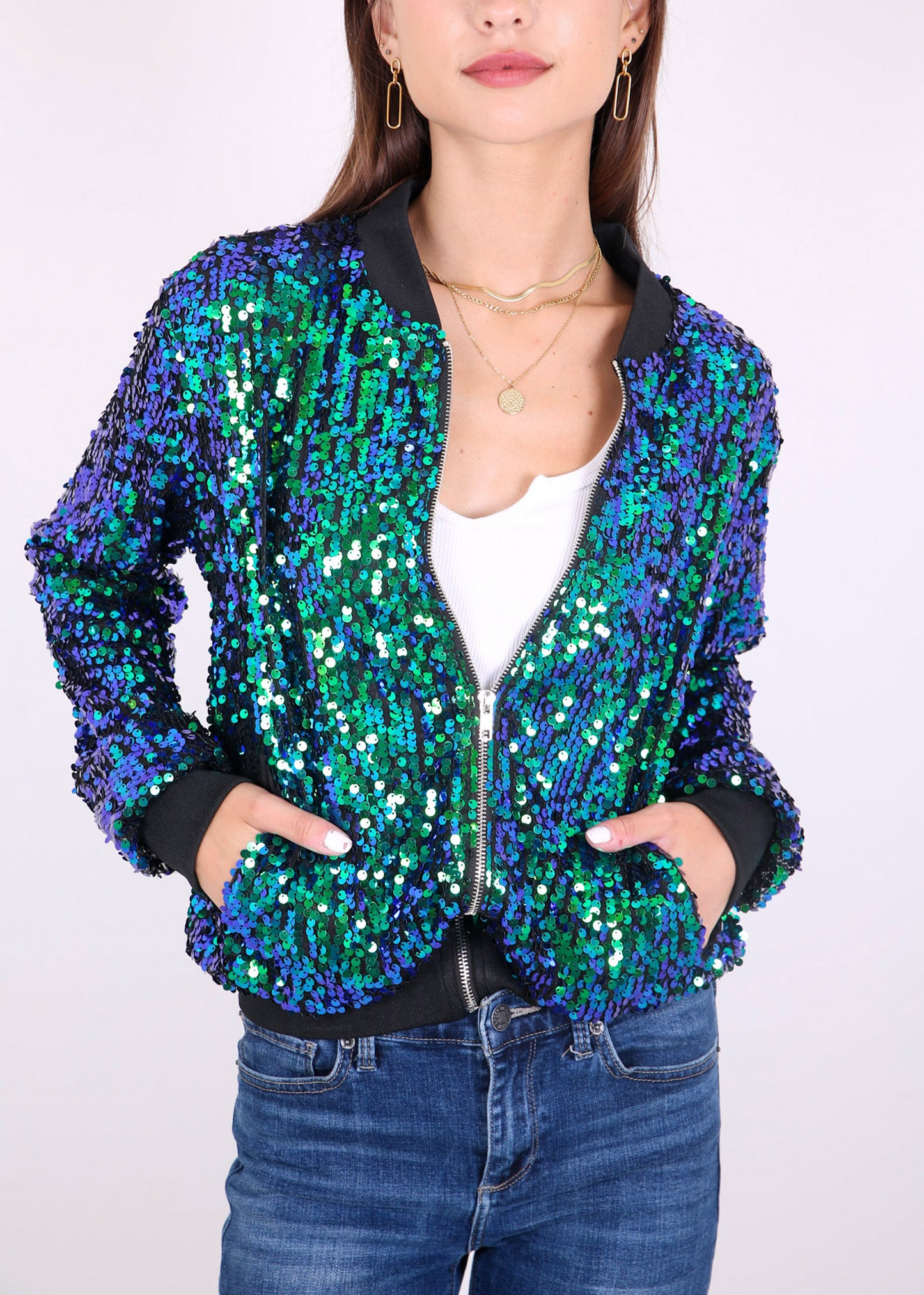 Sequin Jacket Sparkle Long Sleeve Front Zip Blazer Bomber Jacket with Pockets