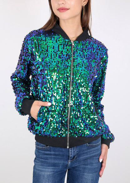 Sequin Jacket Sparkle Long Sleeve Front Zip Blazer Bomber Jacket with Pockets