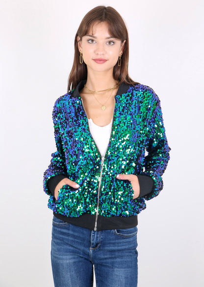 Sequin Jacket Sparkle Long Sleeve Front Zip Blazer Bomber Jacket with Pockets