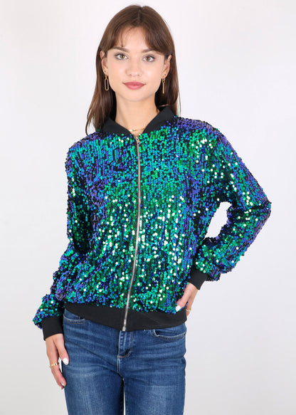 Sequin Jacket Sparkle Long Sleeve Front Zip Blazer Bomber Jacket with Pockets