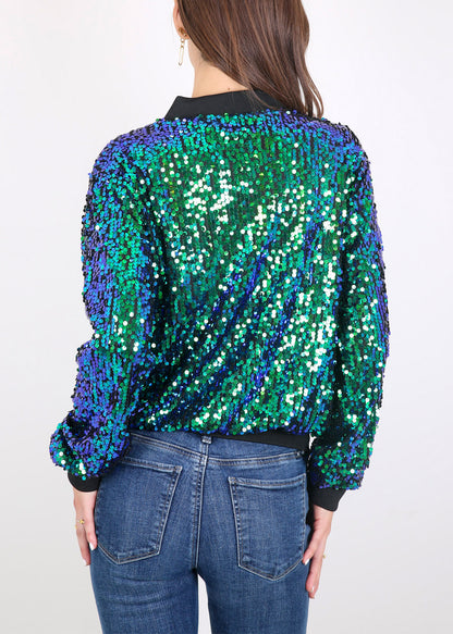 Sequin Jacket Sparkle Long Sleeve Front Zip Blazer Bomber Jacket with Pockets