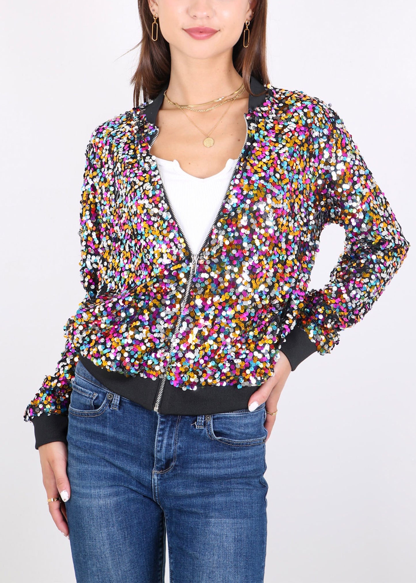 Sequin Jacket Sparkle Long Sleeve Front Zip Blazer Bomber Jacket with Pockets