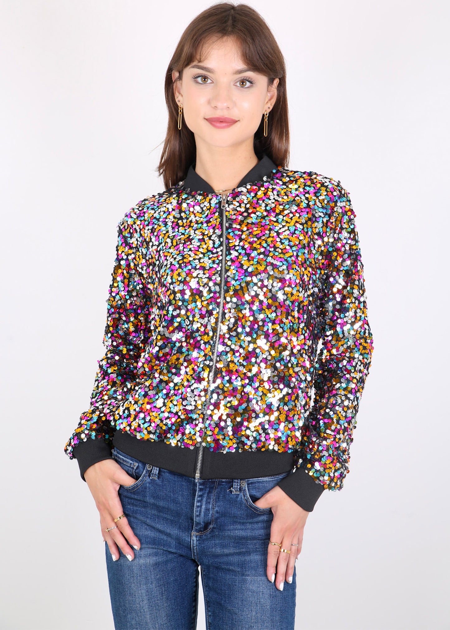 Sequin Jacket Sparkle Long Sleeve Front Zip Blazer Bomber Jacket with Pockets