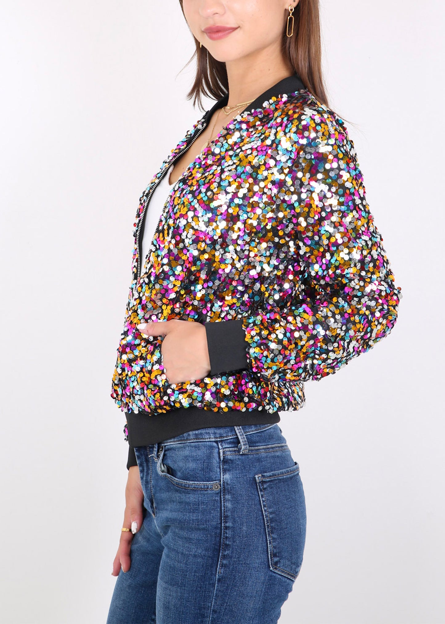 Sequin Jacket Sparkle Long Sleeve Front Zip Blazer Bomber Jacket with Pockets