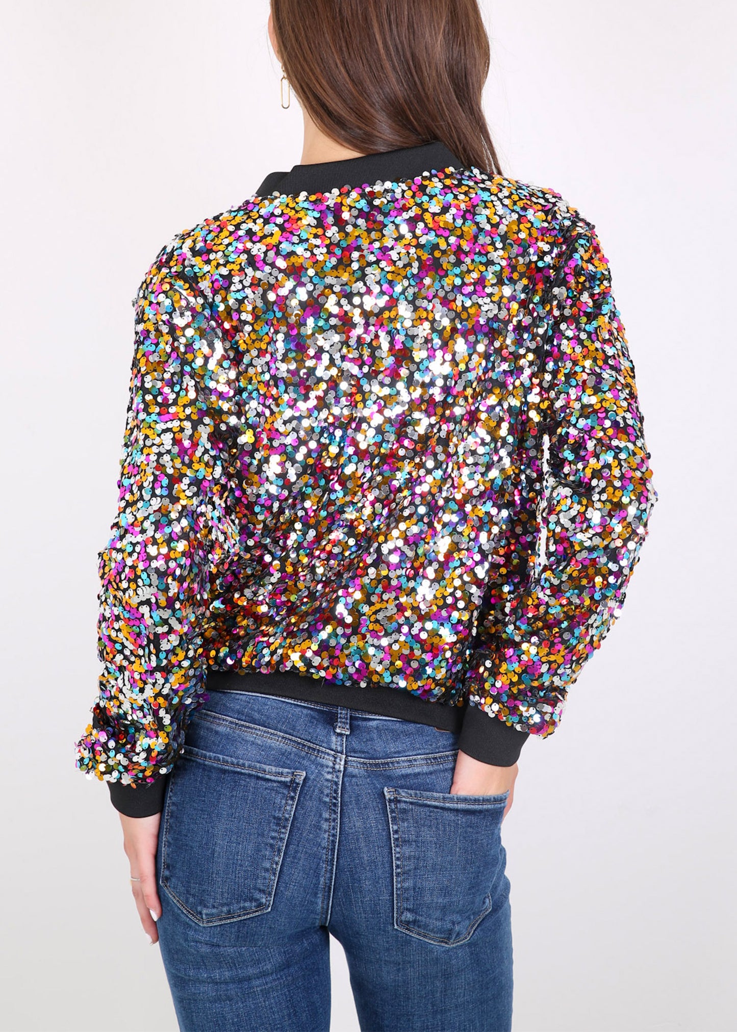 Sequin Jacket Sparkle Long Sleeve Front Zip Blazer Bomber Jacket with Pockets