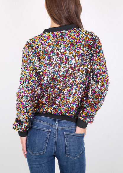 Sequin Jacket Sparkle Long Sleeve Front Zip Blazer Bomber Jacket with Pockets