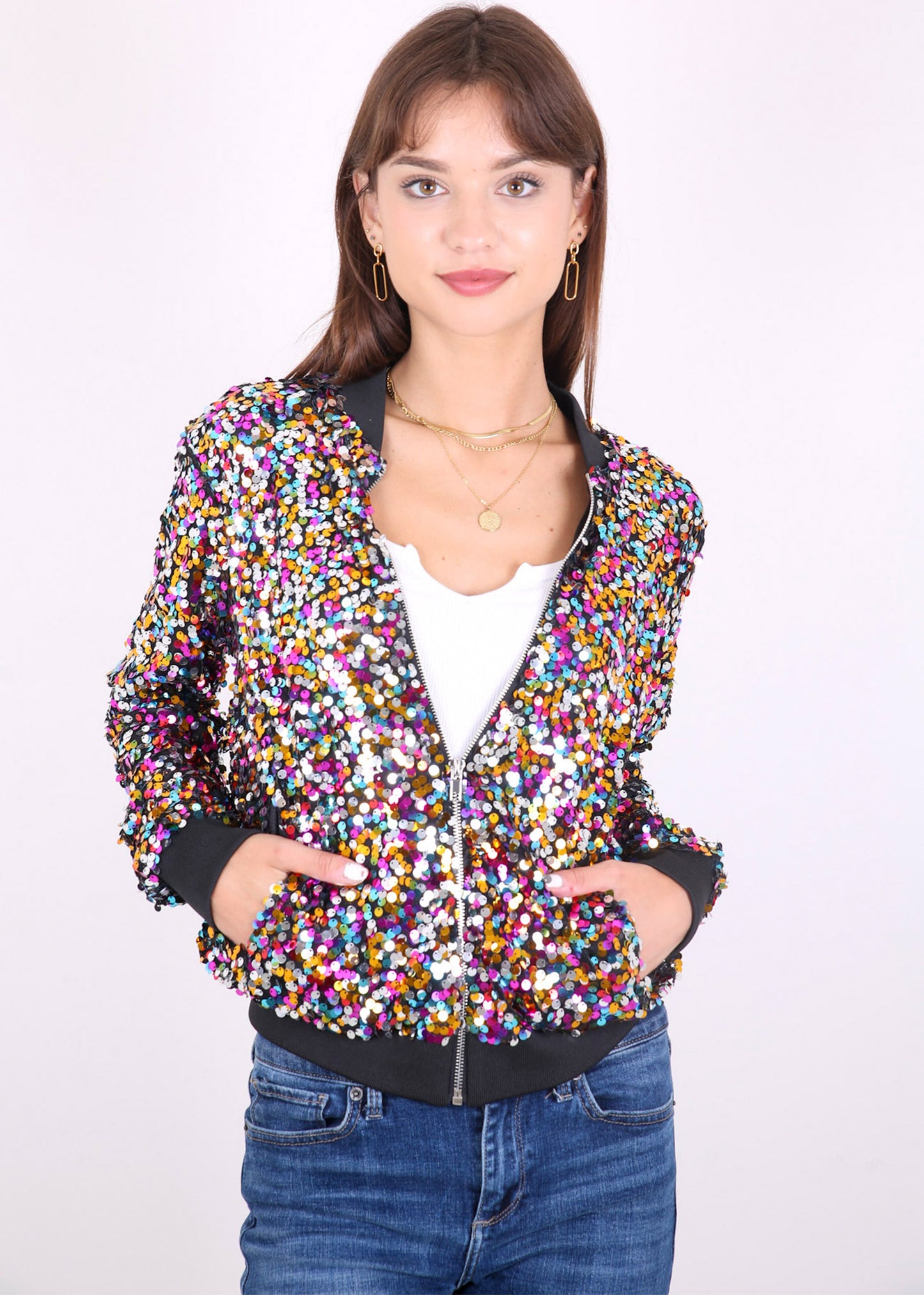 Sequin Jacket Sparkle Long Sleeve Front Zip Blazer Bomber Jacket with Pockets