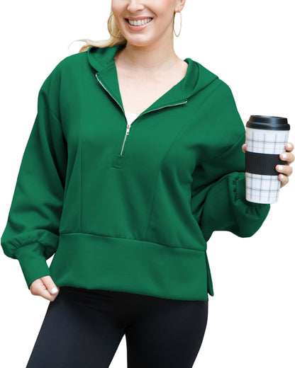 Half Zip Pullover Hoodie with Side Slit