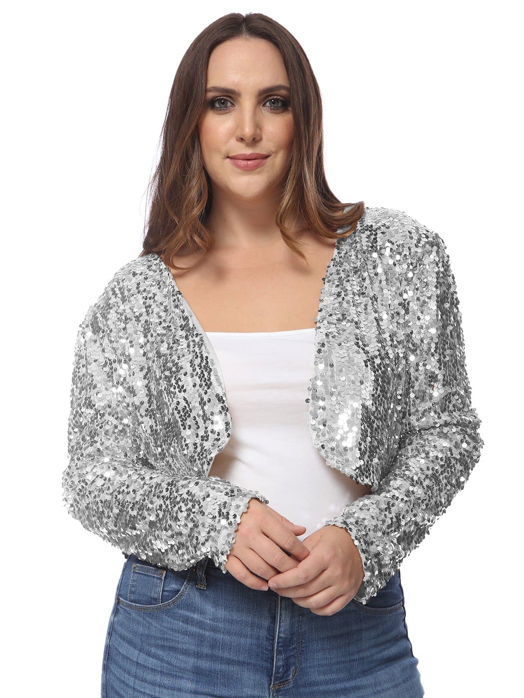 Unique Bargains Women's Plus Size Sequin Open Front Long Sleeve Shrug Bolero  Crop Jacket 1X Gold - Walmart.com